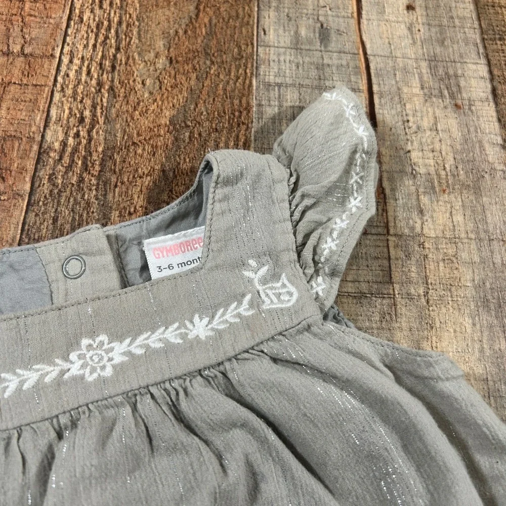 Gymboree 3-6M Gray Cotton Gauze Dress Good Day Gray Embroidered Flutter Sleeve